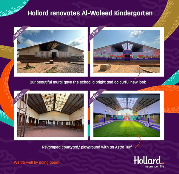 Before and after photos of the building mural and courtyard renovation at Al-Waleed Kindergarten