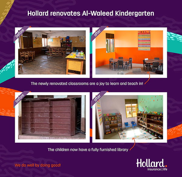 Before and after photos of the library and classroom renovation at Al-Waleed Kindergarten