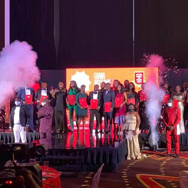 Hollard Insurance on stage with their awards at the 2020 Ghana Insurance Awards (GIA)