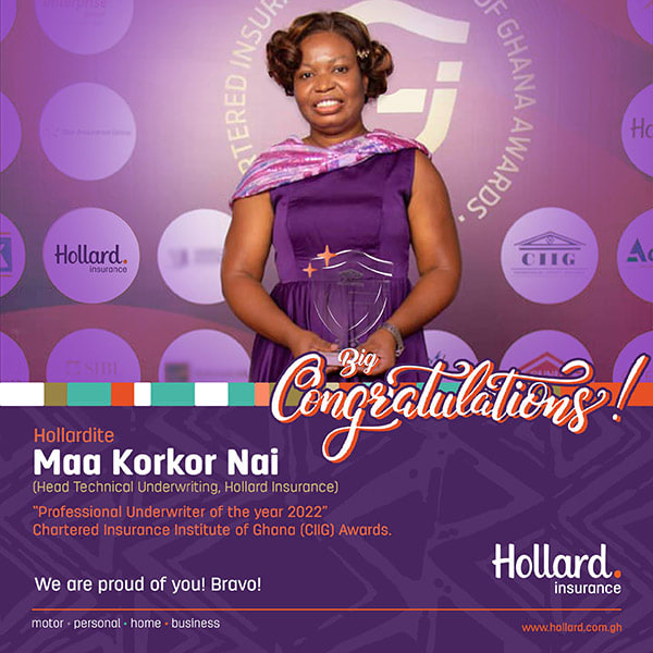 Hollard Insurance employee, Maa Korkor Nai at the Chartered Insurance Institute of Ghana Awards (CIIG)